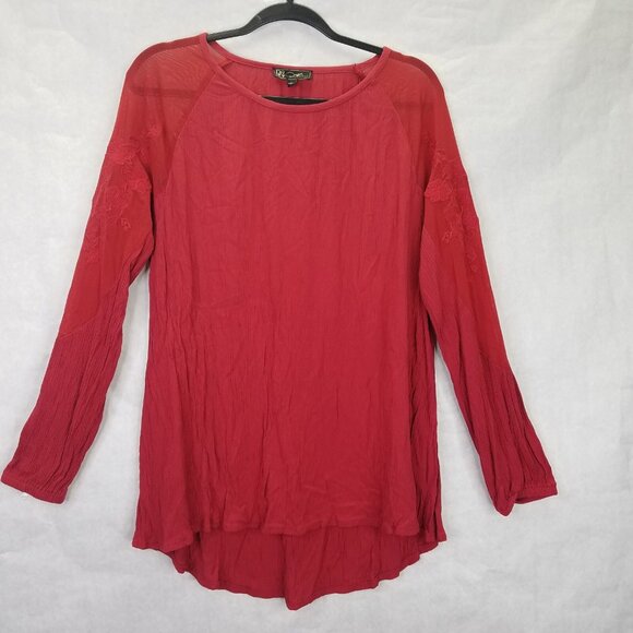 DG2 Diane Gilman Womens L Long Sleeve Blouse Red Embroidered Mesh Shoulder Crepe - Picture 1 of 14